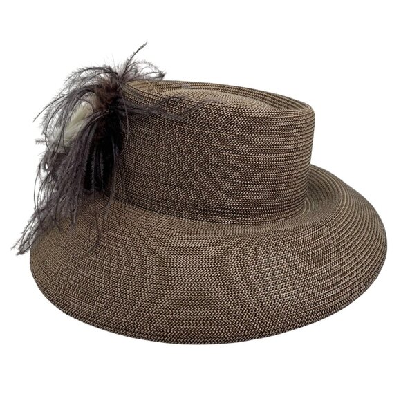 Preston York Beige Straw Kentucky Derby Dress Hat w/ Feathers + Ribbon Flowers